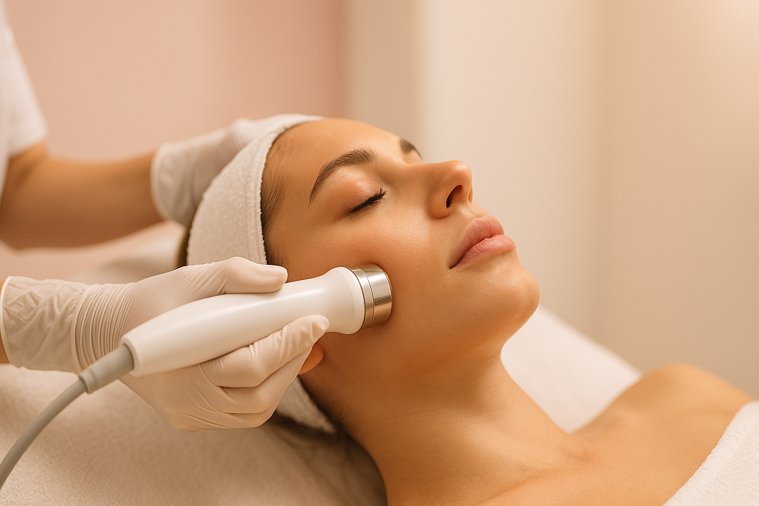 Estetista professionista durante trattamento viso personalizzato con radiofrequenza a Napoli